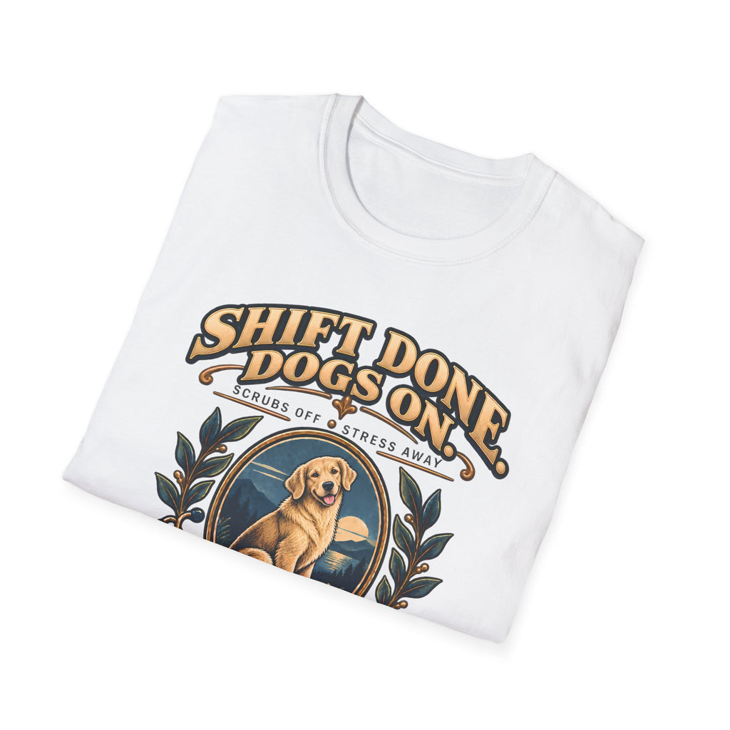 Classic T-Shirt — "Shift Done Dogs On, Real Therapy" Vintage Dog Lover Tee