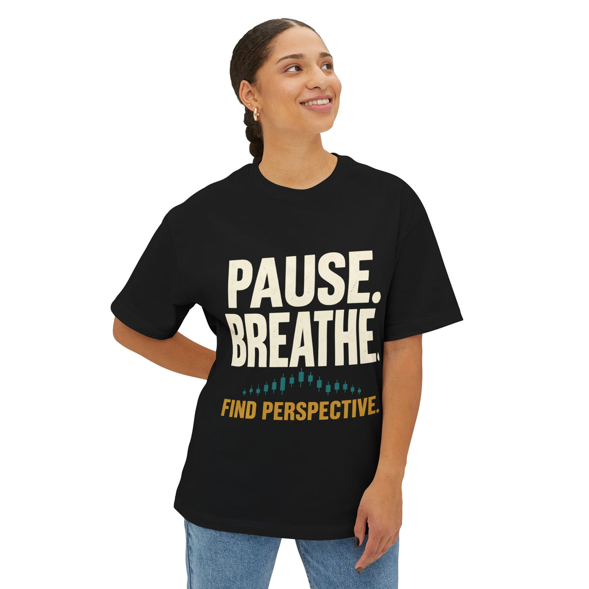 Oversized Boxy Motivational T-Shirt | Pause. Breathe. Find Perspective.