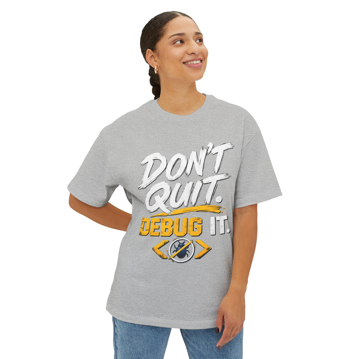 Don't Quit Debug It Premium Oversized Boxy Tee for Developers and Programmers.