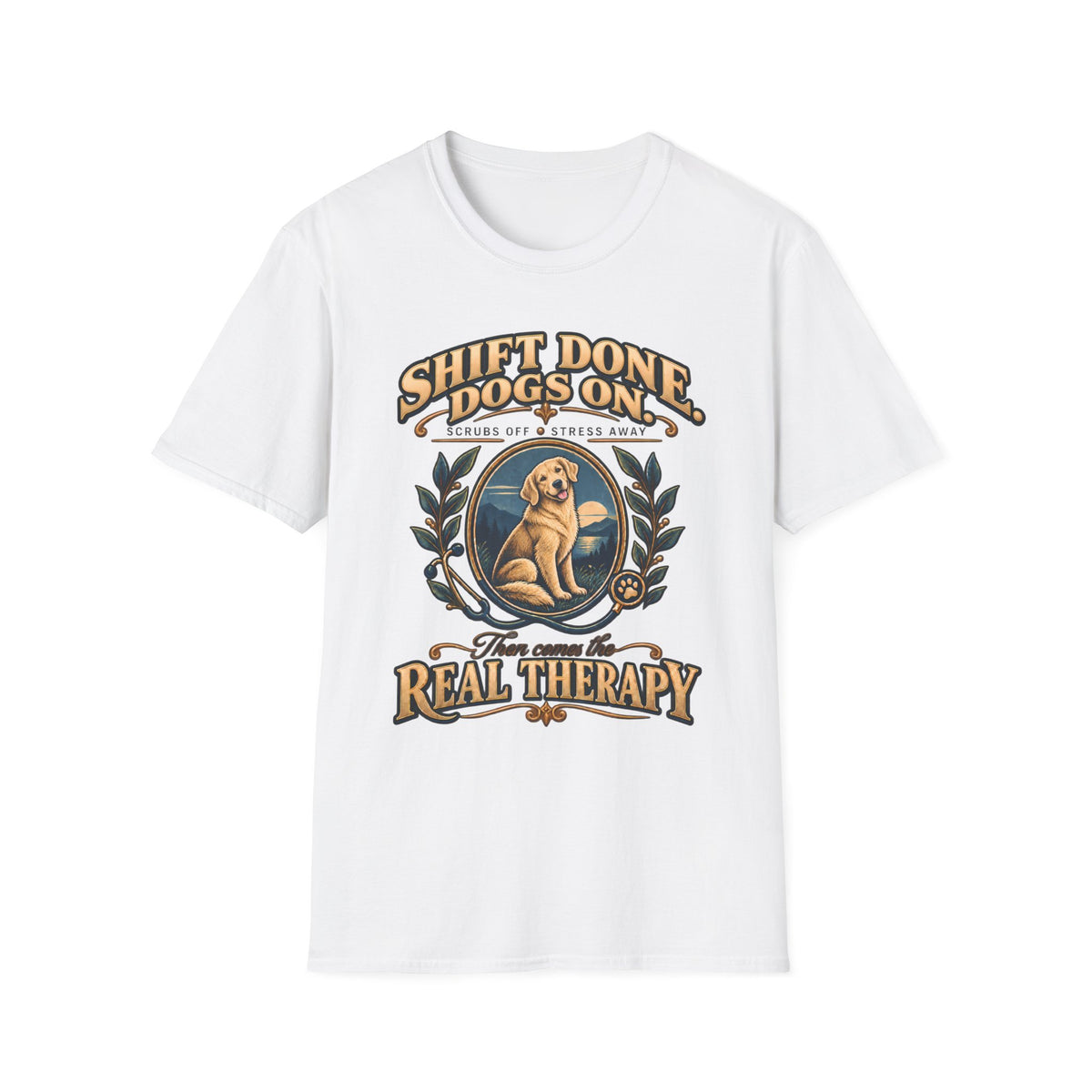 Classic T-Shirt — "Shift Done Dogs On, Real Therapy" Vintage Dog Lover Tee