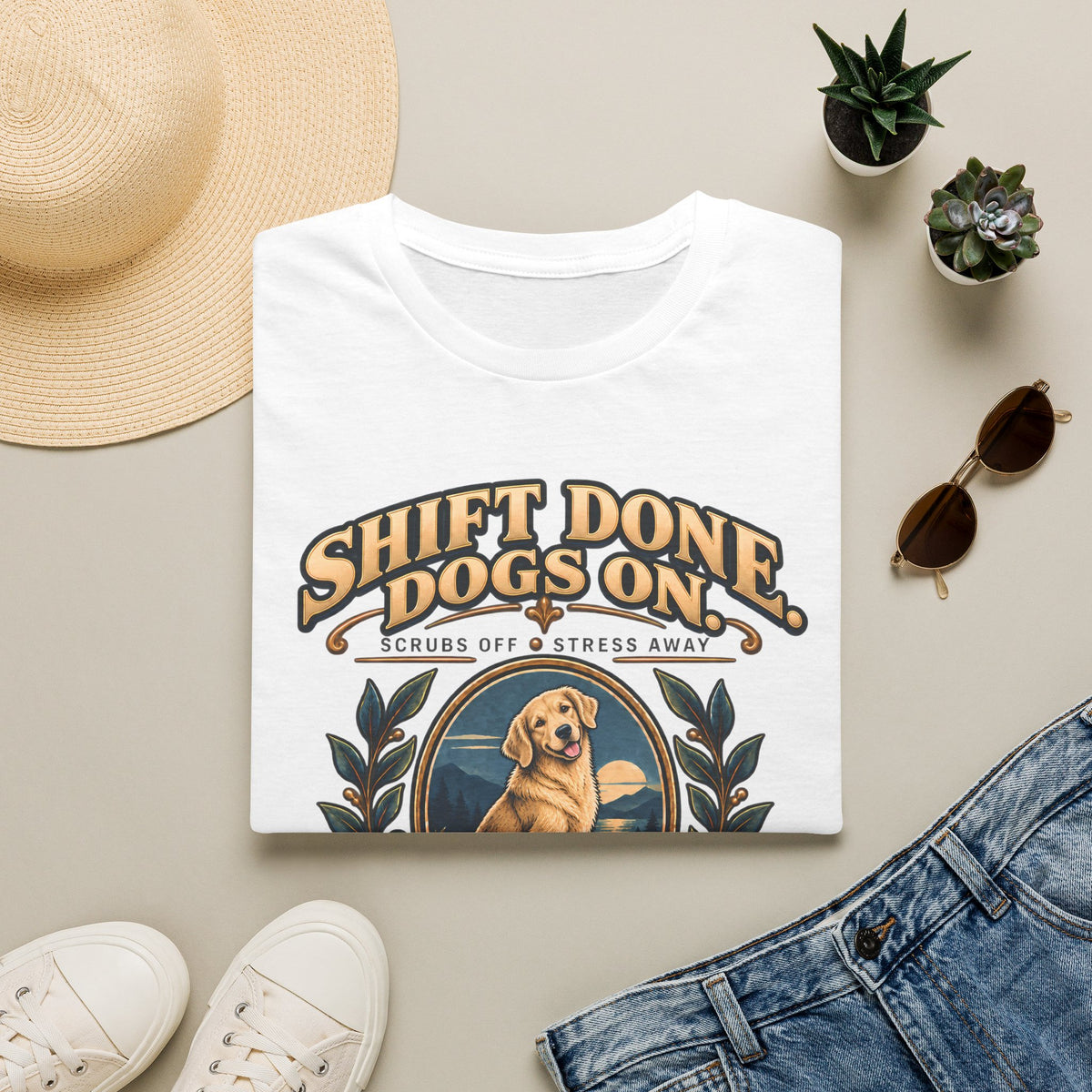Classic T-Shirt — "Shift Done Dogs On, Real Therapy" Vintage Dog Lover Tee