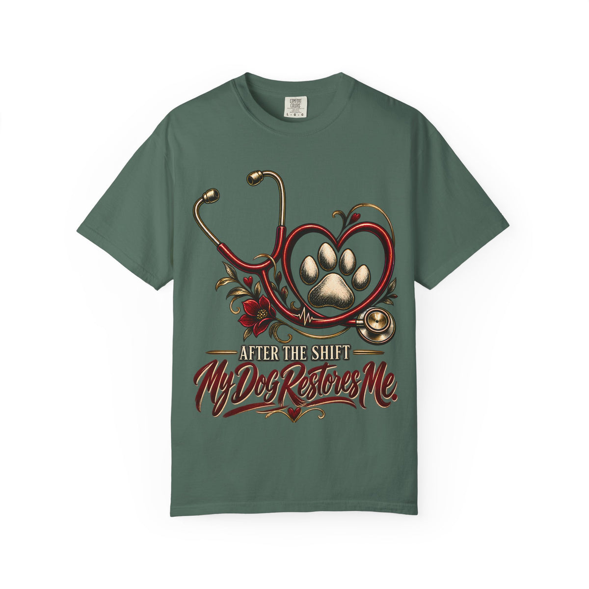 My Dog Restores Me T-Shirt — Veterinarian Stethoscope & Paw Heart Tee
