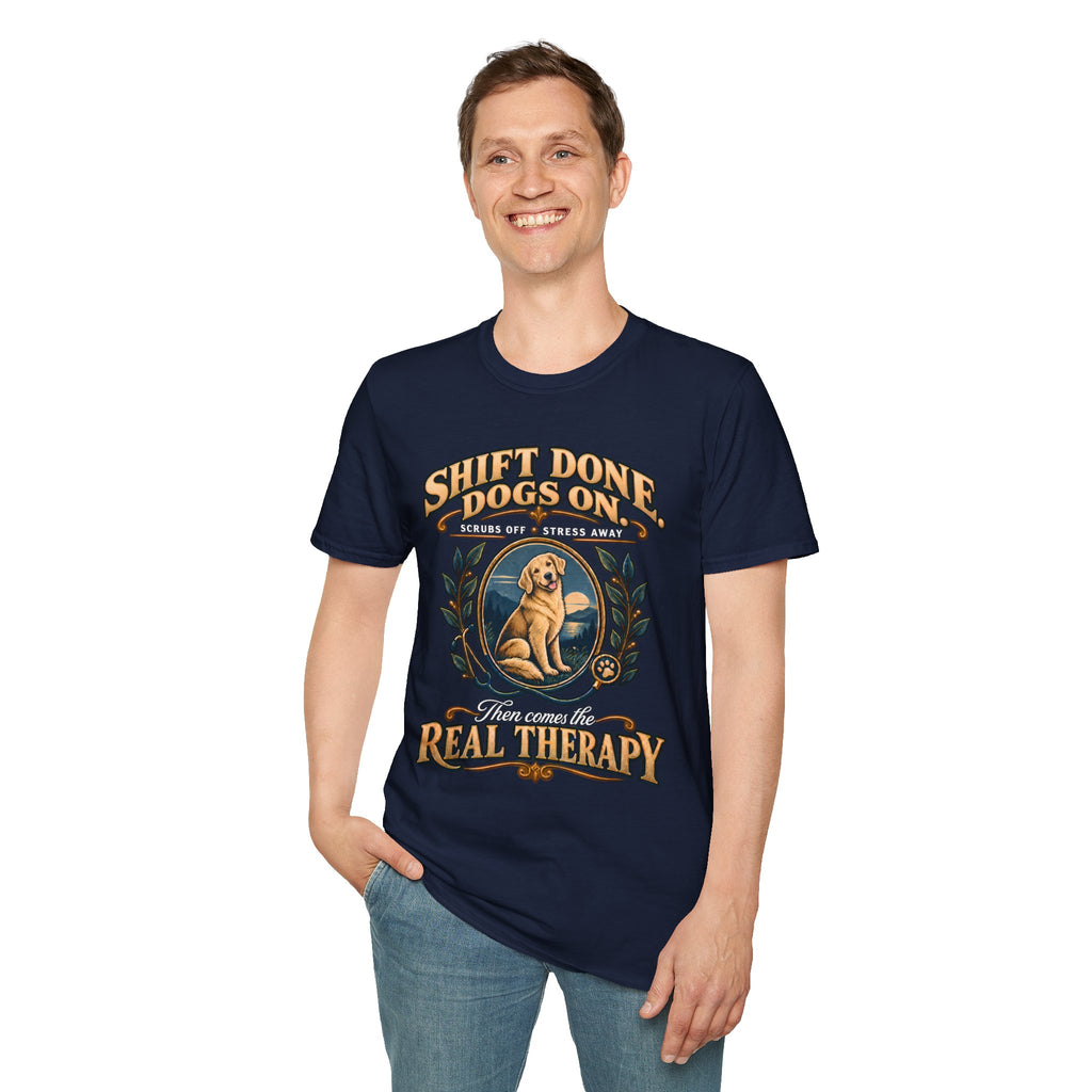 Classic T-Shirt — "Shift Done Dogs On, Real Therapy" Vintage Dog Lover Tee