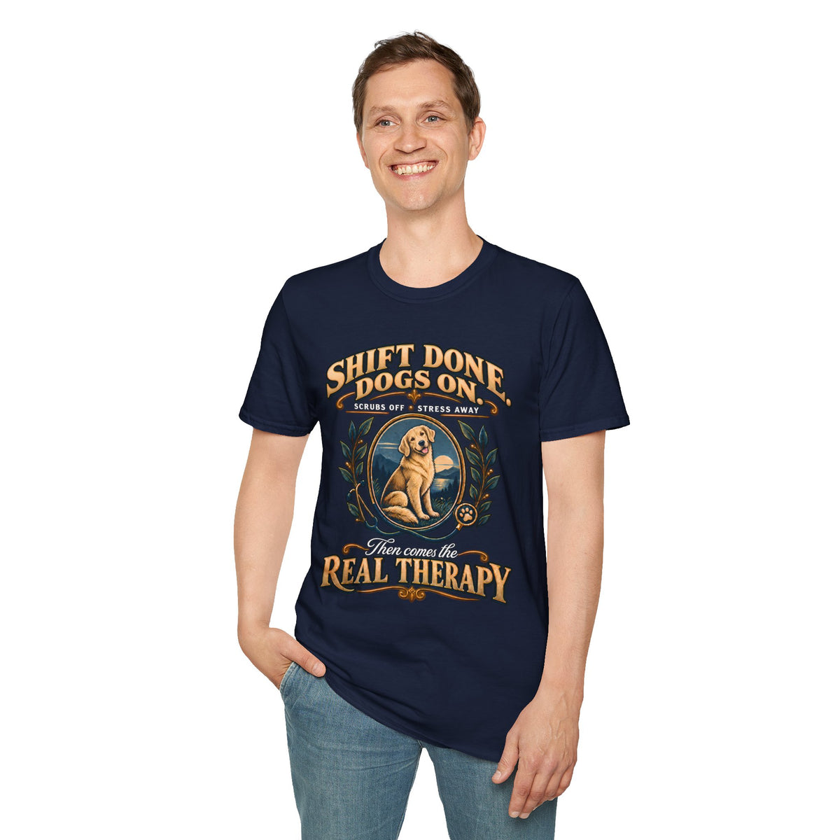 Classic T-Shirt — "Shift Done Dogs On, Real Therapy" Vintage Dog Lover Tee