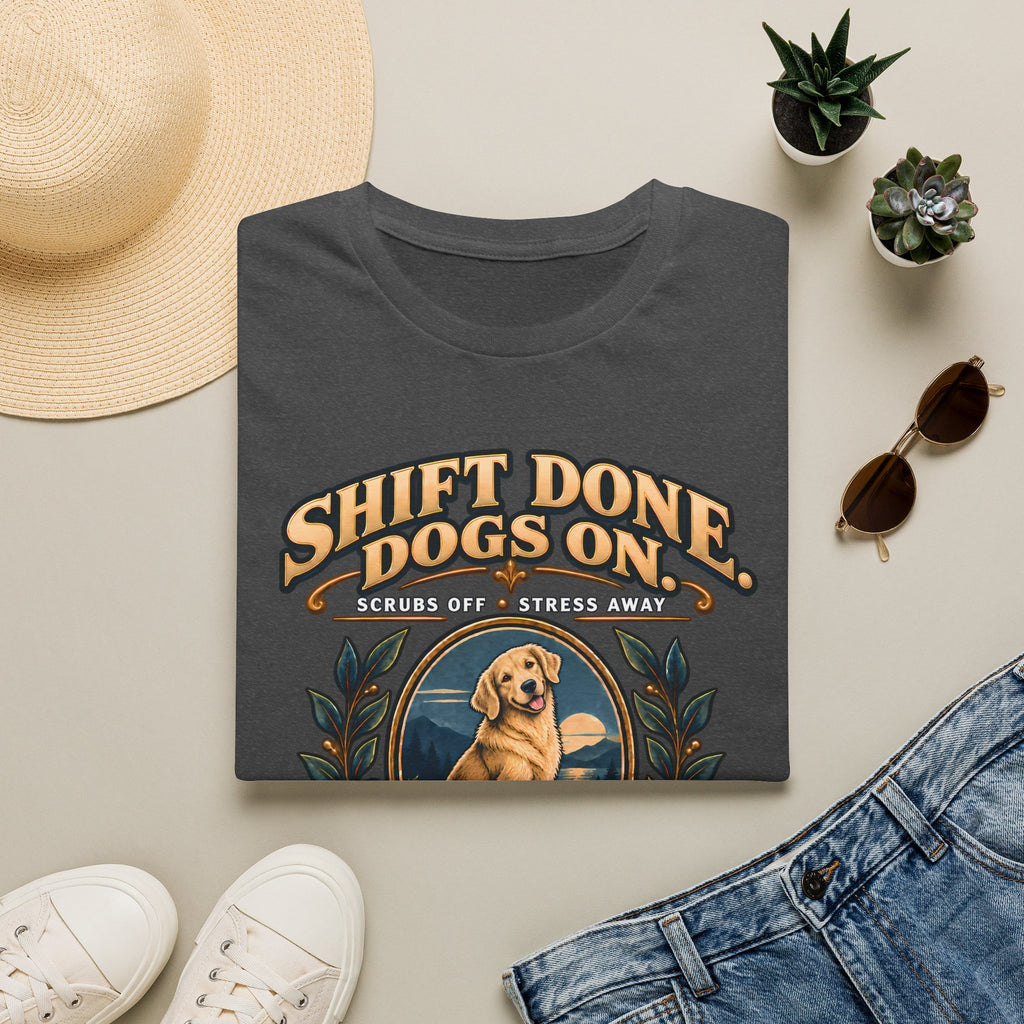 Classic T-Shirt — "Shift Done Dogs On, Real Therapy" Vintage Dog Lover Tee