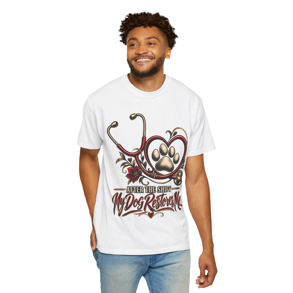 My Dog Restores Me T-Shirt — Veterinarian Stethoscope & Paw Heart Tee
