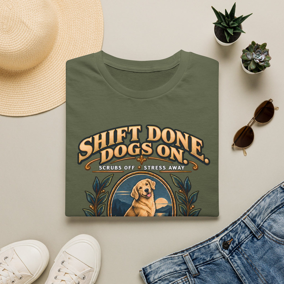 Classic T-Shirt — "Shift Done Dogs On, Real Therapy" Vintage Dog Lover Tee