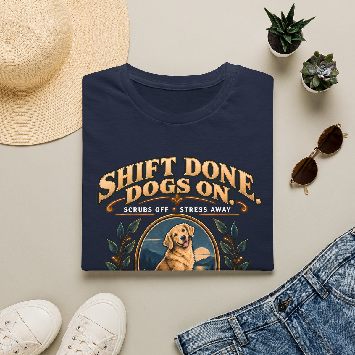 Classic T-Shirt — "Shift Done Dogs On, Real Therapy" Vintage Dog Lover Tee