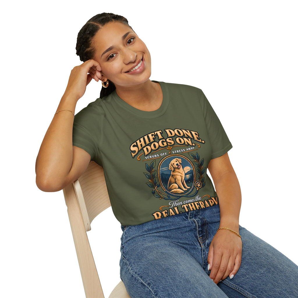 Classic T-Shirt — "Shift Done Dogs On, Real Therapy" Vintage Dog Lover Tee