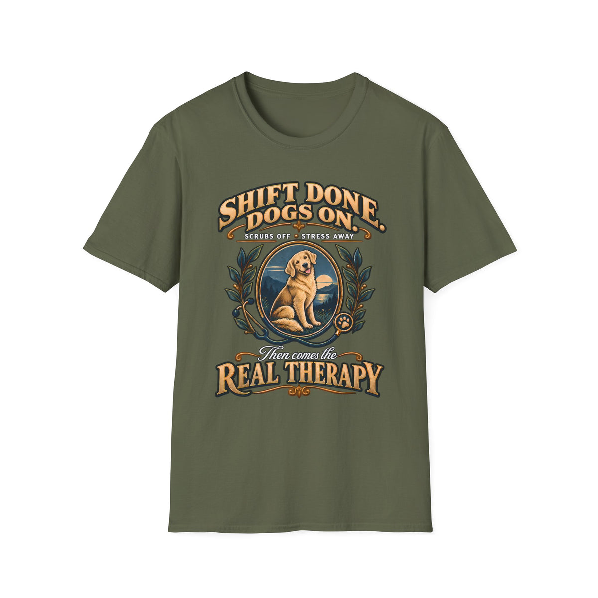 Classic T-Shirt — "Shift Done Dogs On, Real Therapy" Vintage Dog Lover Tee