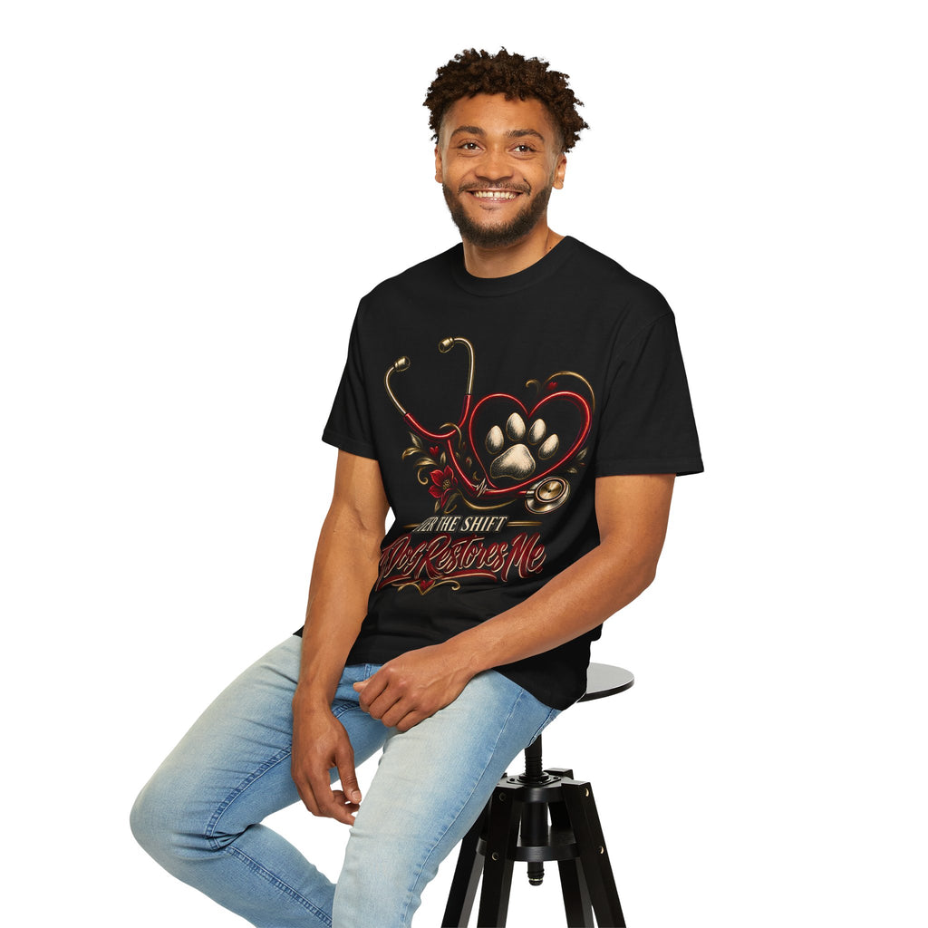 My Dog Restores Me T-Shirt — Veterinarian Stethoscope & Paw Heart Tee