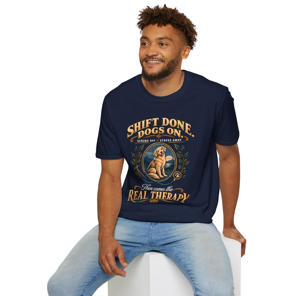 Classic T-Shirt — "Shift Done Dogs On, Real Therapy" Vintage Dog Lover Tee