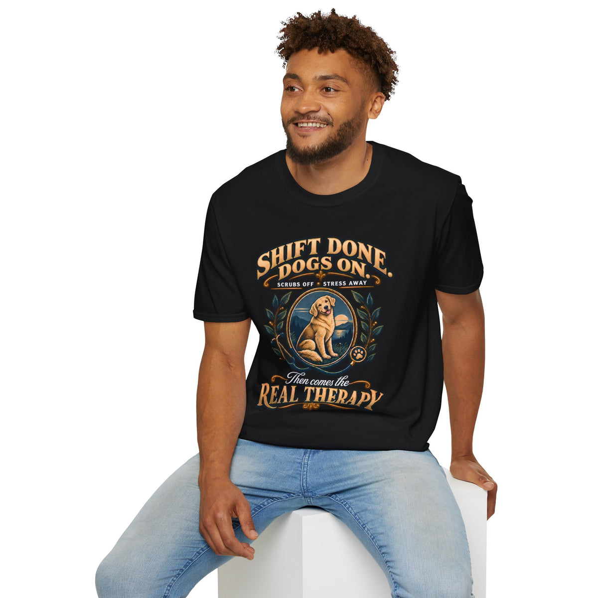 Classic T-Shirt — "Shift Done Dogs On, Real Therapy" Vintage Dog Lover Tee