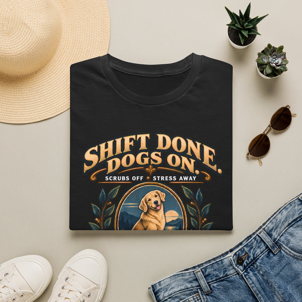 Classic T-Shirt — "Shift Done Dogs On, Real Therapy" Vintage Dog Lover Tee