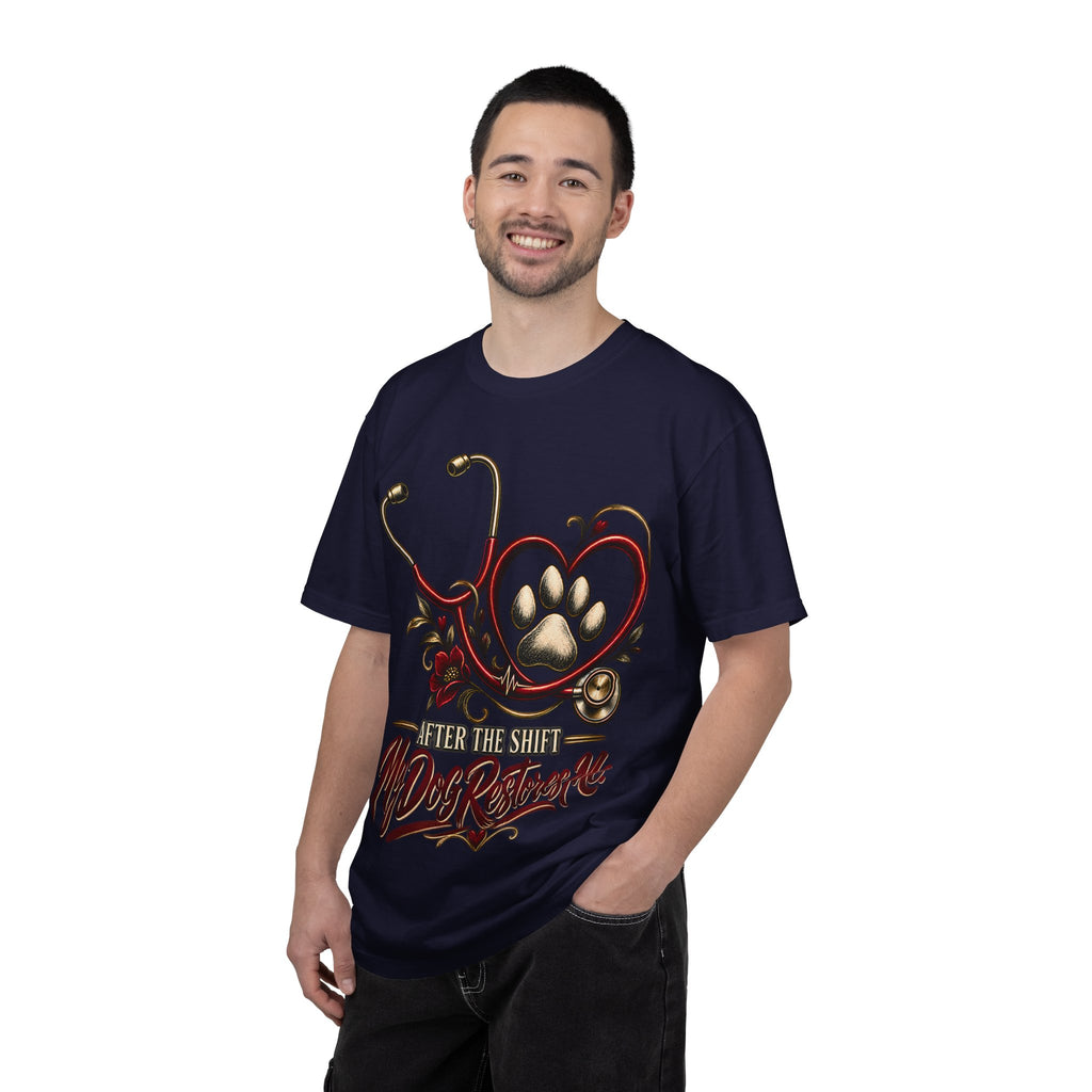 My Dog Restores Me T-Shirt — Veterinarian Stethoscope & Paw Heart Tee