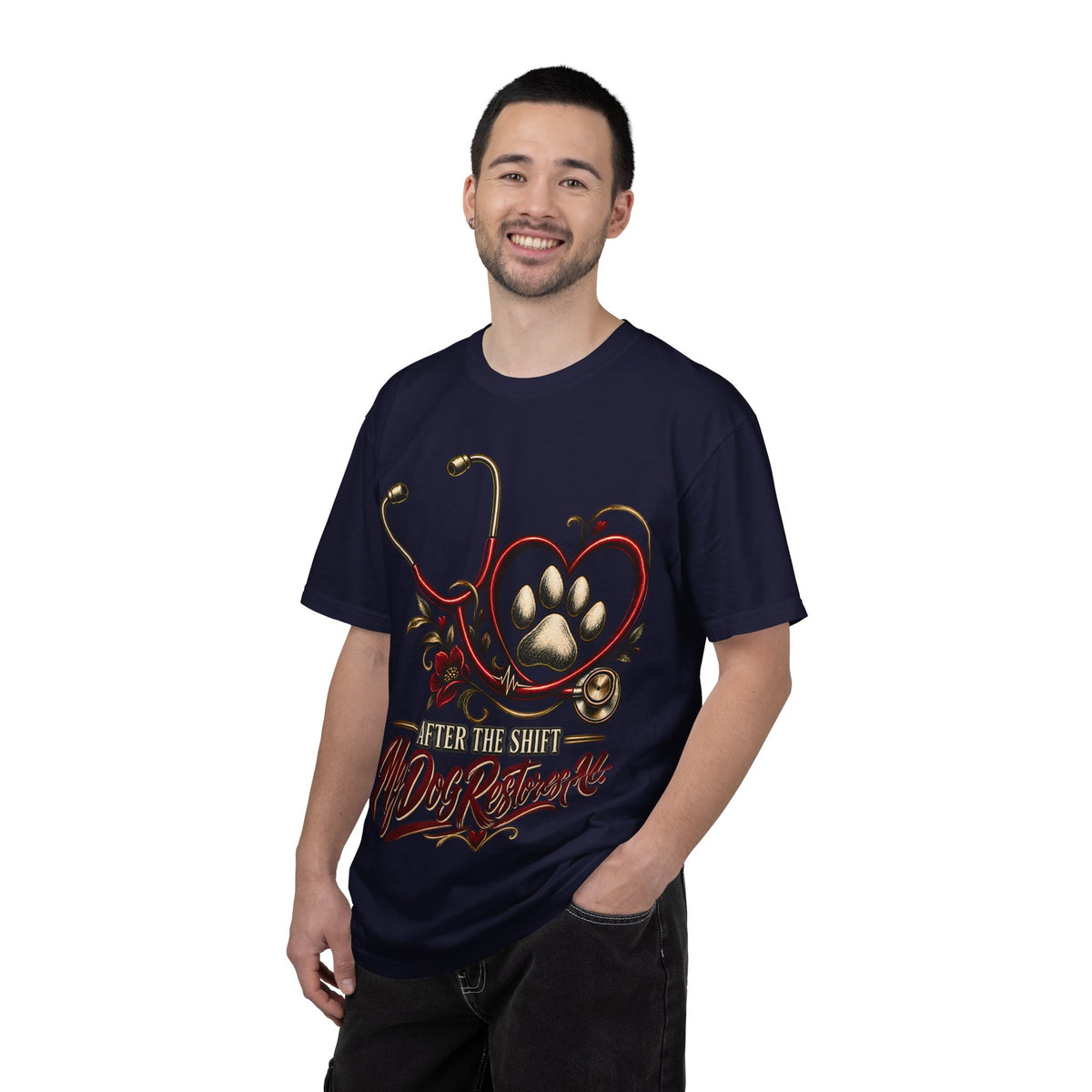 My Dog Restores Me T-Shirt — Veterinarian Stethoscope & Paw Heart Tee