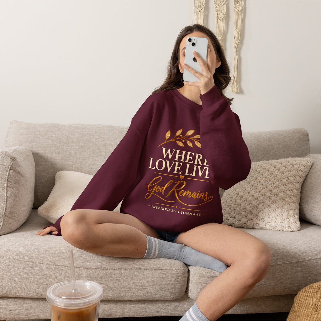 Where Love Lives God Remains Christian Sweatshirt – 1 John 4:16 Faith Crewneck